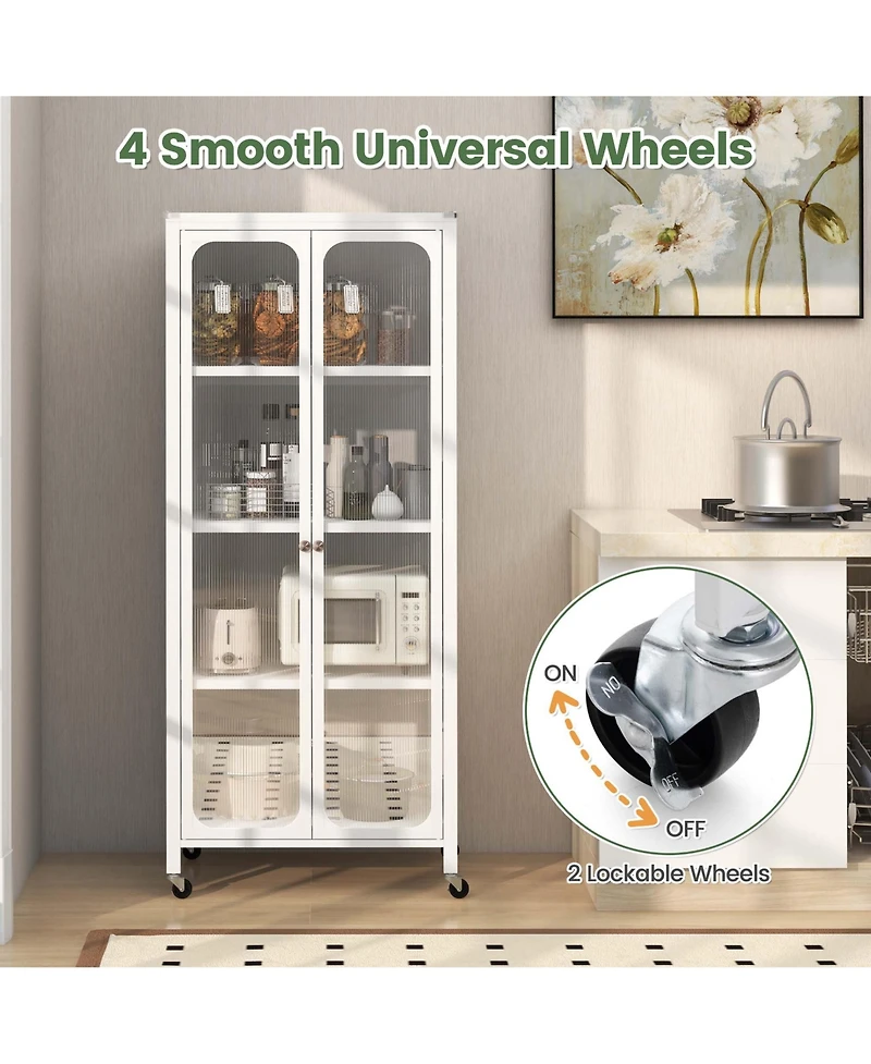 Storage Cabinet with Wheels & 2 Translucent Doors Adjustable Shelves Sideboard