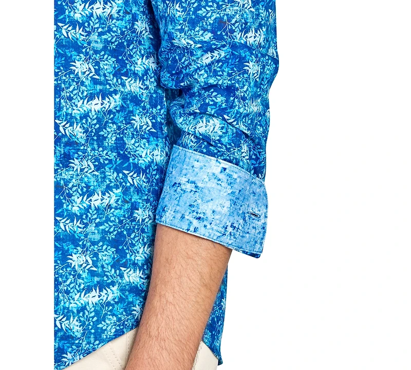 Brooklyn Brigade Men's Moisture-Wicking Abstract leaf-Print Button-Down Mandarin Shirt