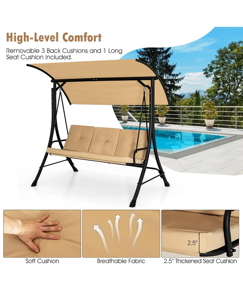 3-Seat Outdoor Porch Swing Adjustable Canopy Padded Cushions Steel Frame