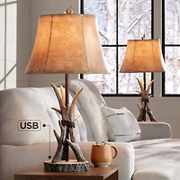 John Timberland Boone Rustic Western Table Lamps 27 1/2" Tall Set of 2 Natural Antler with Usb Charging Port Bell Shade for Bedroom Living Room O