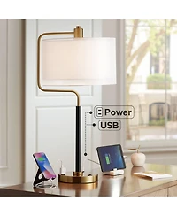 Possini Euro Design Carlyle Modern Mid Century Desk Lamp 30 1/2" Tall Gold with Usb and Ac Power Outlet in Base Double Drum Shades for Living Roo