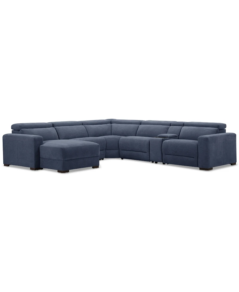 Nevio 6-Pc. Fabric Power Headrest Sectional with Chaise & Console and 1 Motion Chair