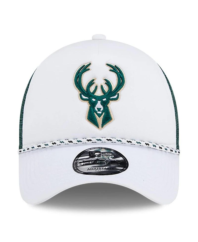 New Era Men's White/Hunter Green Milwaukee Bucks Court Sport Foam A-Frame 9FORTY Adjustable Trucker Hat