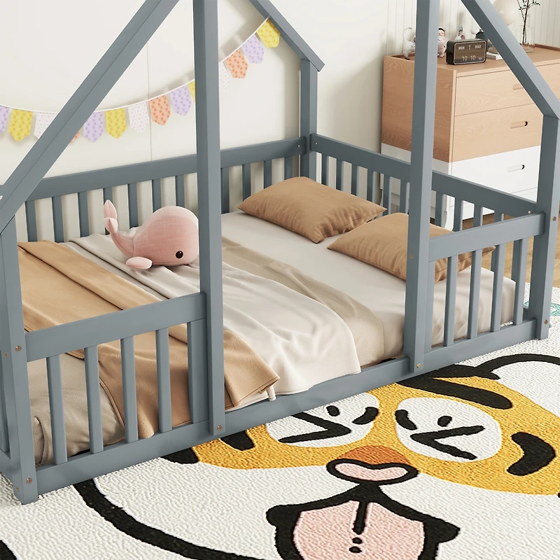 Streamdale Full Wood House-Shaped Floor Bed with Fence, Guardrails, Grey