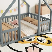 Streamdale Full Wood House-Shaped Floor Bed with Fence, Guardrails, Grey