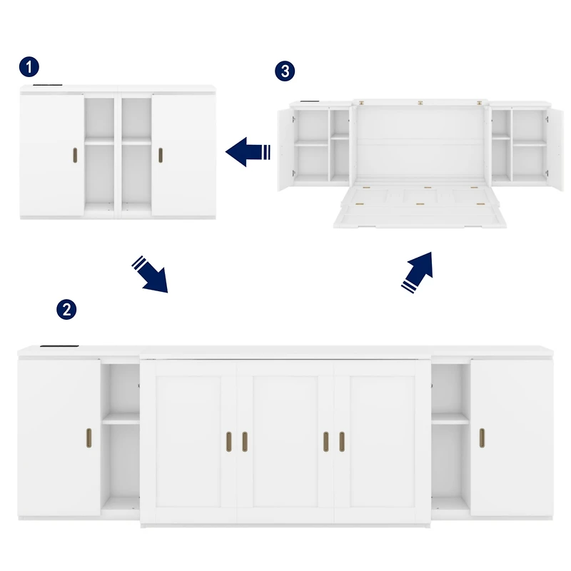 Streamdale Full Size Murphy Bed with Shelves, Cabinets and Usb Ports, White