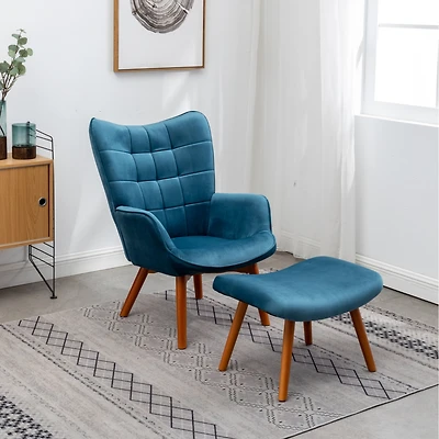 Simplie Fun Contemporary Silky Velvet Tufted Accent Chair with Ottoman, Blue