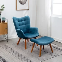 Simplie Fun Contemporary Silky Velvet Tufted Accent Chair with Ottoman, Blue