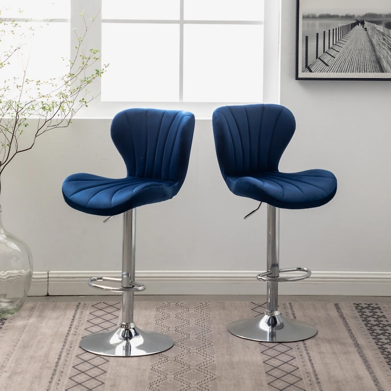 Upholstered Adjustable Swivel Barstools in Blue, Set of 2