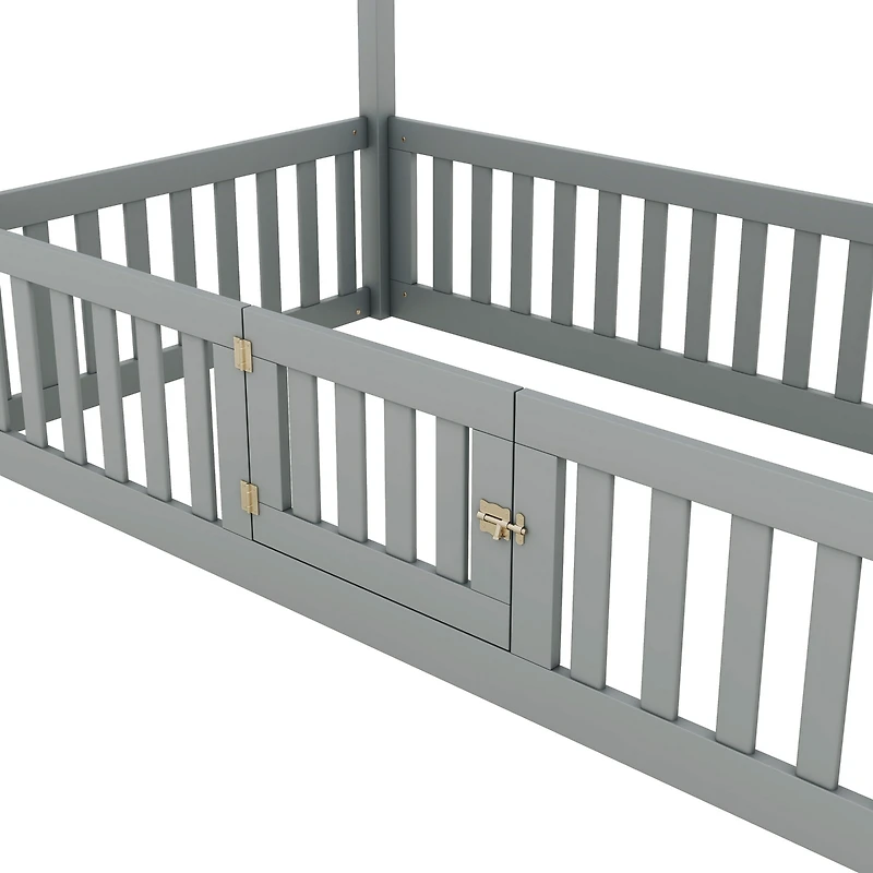 Streamdale Twin Wood House Bed with Fence and Door, Gray