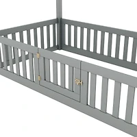 Streamdale Twin Wood House Bed with Fence and Door, Gray