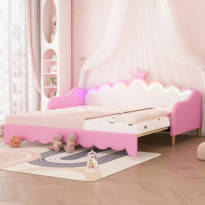 Streamdale Furniture Extendable Princess Daybed with Crown Headboard and Led Lights