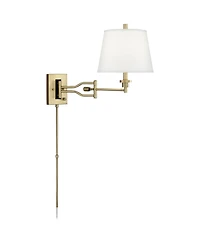 Barnes and Ivy Eleganta Swing Arm Wall Lamp with Cord Cover Brushed Satin Brass Plug-in Light Fixture White Linen Empire Shade for Bedroom Living Room