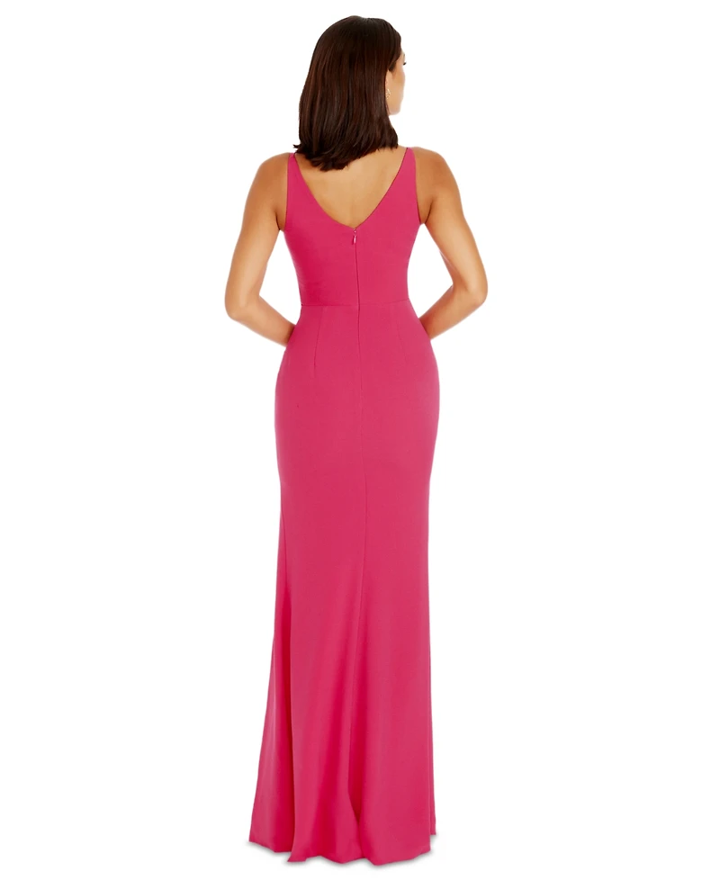 Dress the Population Women's Jordan V-Neck Asymmetrical Ruched Bodycon Maxi