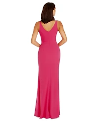 Dress the Population Women's Jordan V-Neck Asymmetrical Ruched Bodycon Maxi
