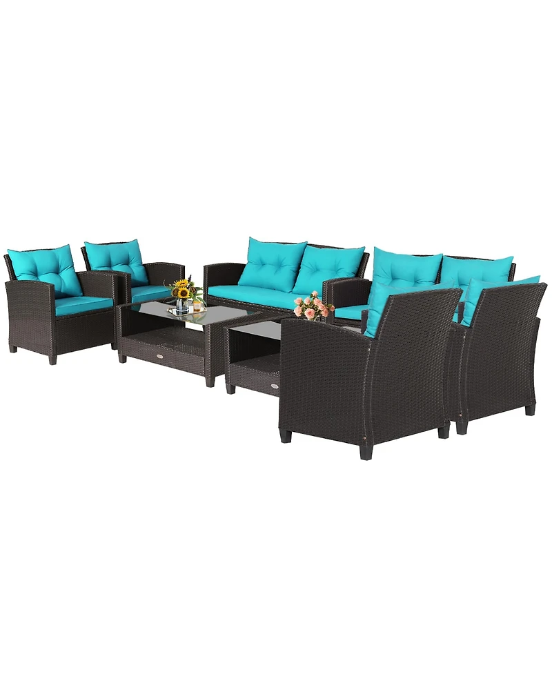 8 Pcs Patio Rattan Furniture Set Glass Table Shelf Sofa Cushion Black