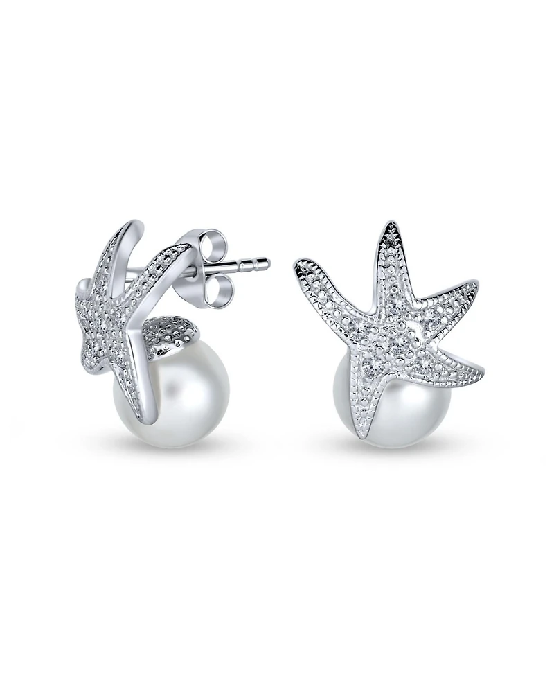 Bling Jewelry Nautical Round White Simulated Pearl Starfish Drop Earrings Sterling Silver