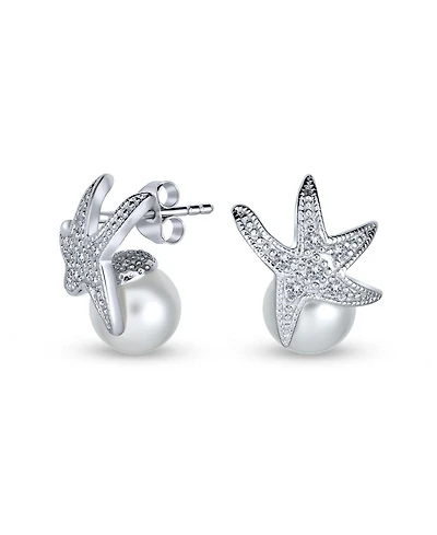 Bling Jewelry Nautical Round White Simulated Pearl Starfish Drop Earrings Sterling Silver