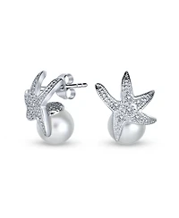 Bling Jewelry Nautical Round White Simulated Pearl Starfish Drop Earrings Sterling Silver