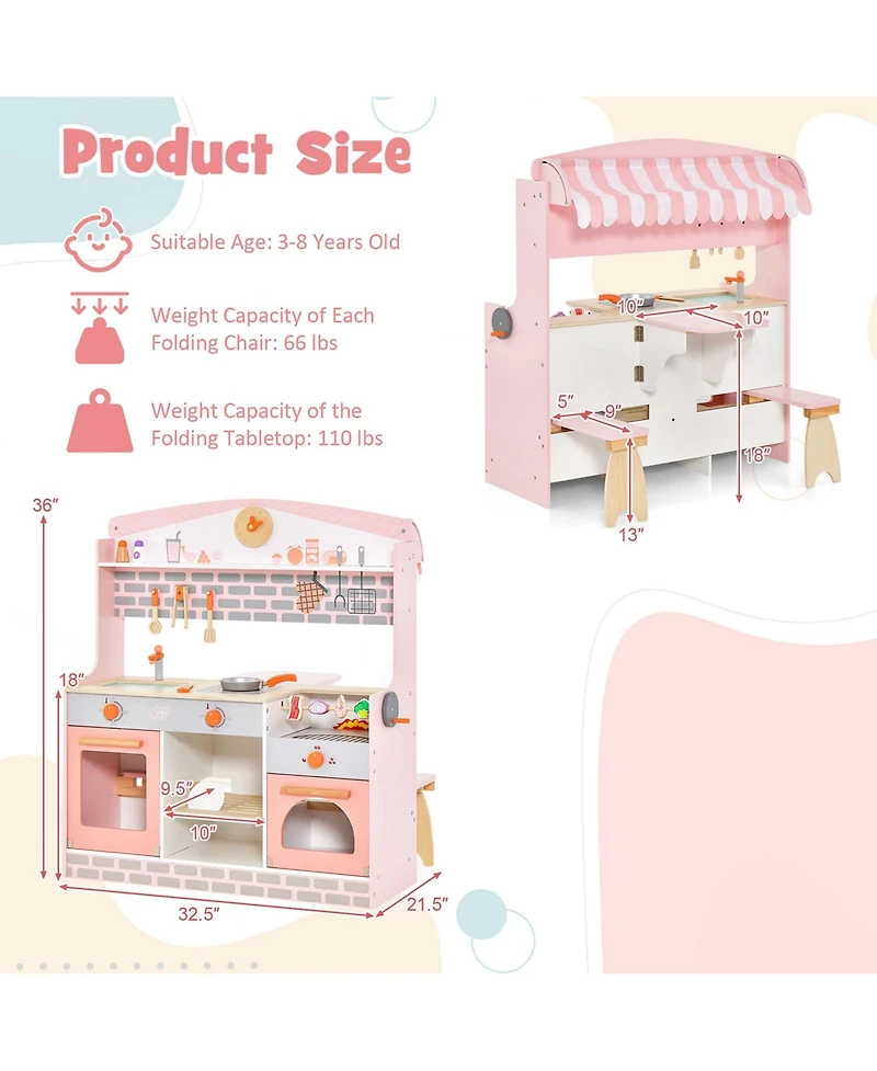 Costway 2 in 1 Kids Play Kitchen & Restaurant Double-Sided Pretend Playset with Canopy