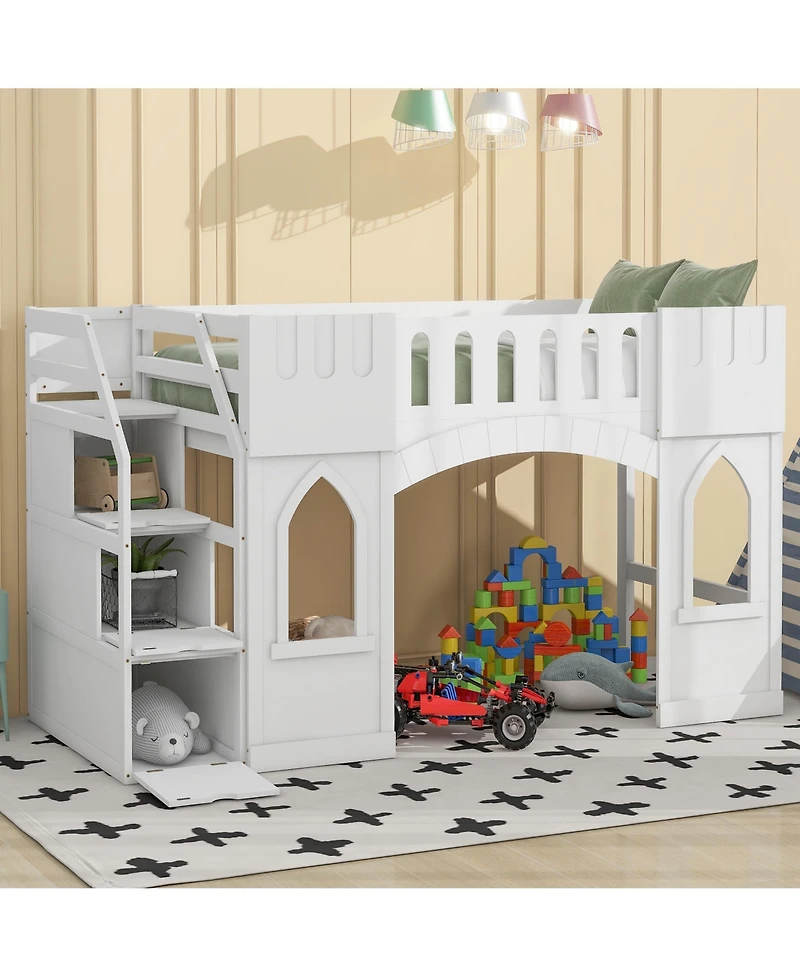 Streamdale Twin Loft Bed with Storage Staircase and Window, White