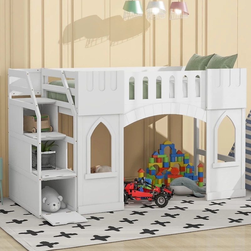 Streamdale Twin Loft Bed with Storage Staircase and Window, White