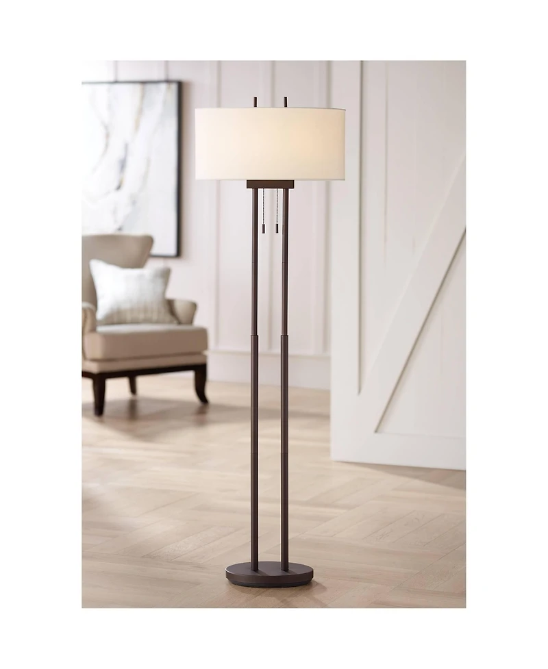 Franklin Iron Works Roscoe Modern Floor Lamp Standing 62" Tall Oil Rubbed Bronze Twin Pole White Drum Shade for Living Room Bedroom Office House