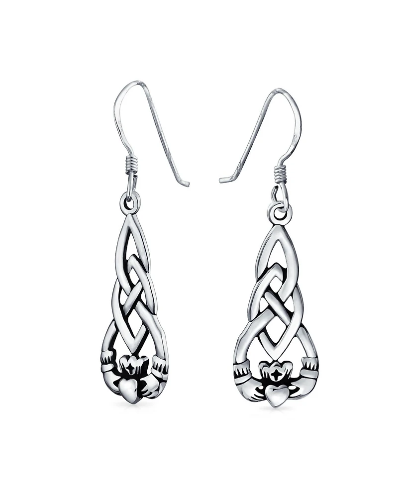 Bling Jewelry Friendship Bff Heart Circle Irish Love Symbol Celtic Claddagh Dangle Earrings Oxidized Sterling Silver Fish Hook