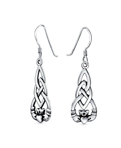 Bling Jewelry Friendship Bff Heart Circle Irish Love Symbol Celtic Claddagh Dangle Earrings Oxidized Sterling Silver Fish Hook
