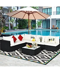 Sugift 7 Pieces Sectional Wicker Furniture Sofa Set with Tempered Glass Top-Beige