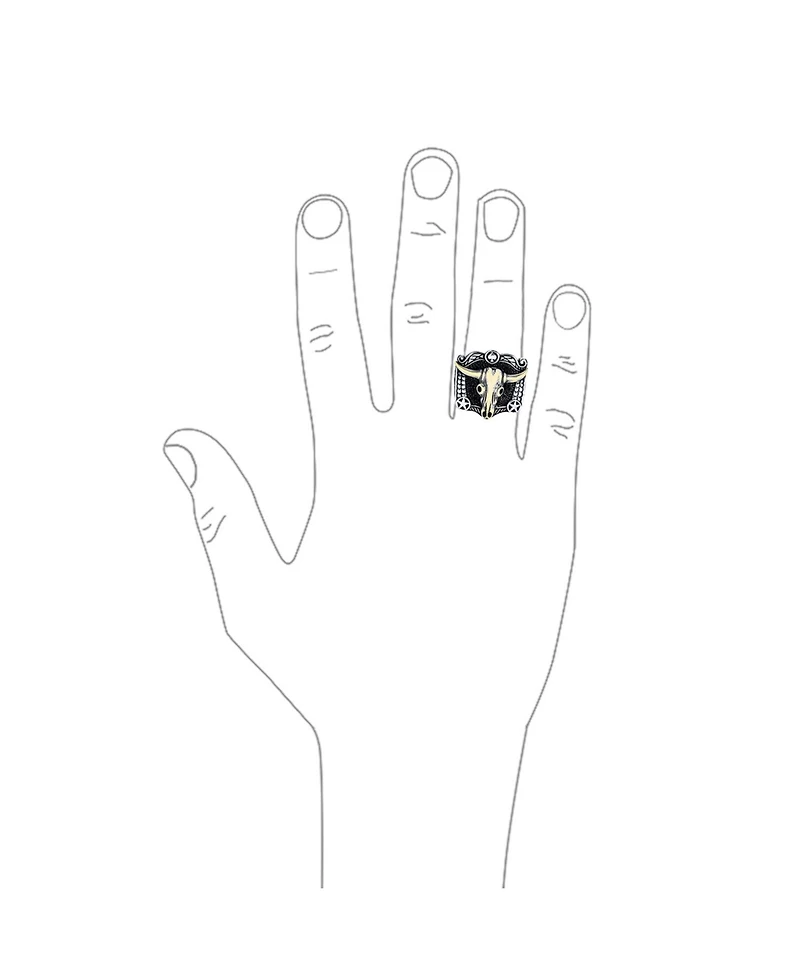 Bling Jewelry Black Textured Animal Buffalo Cow Skull Antelope Goat Big Texas Longhorn Signet Ring Two Tone Sterling Silver