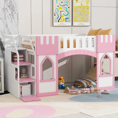Streamdale Twin Size Loft Bed with Storage Staircase and Window, White