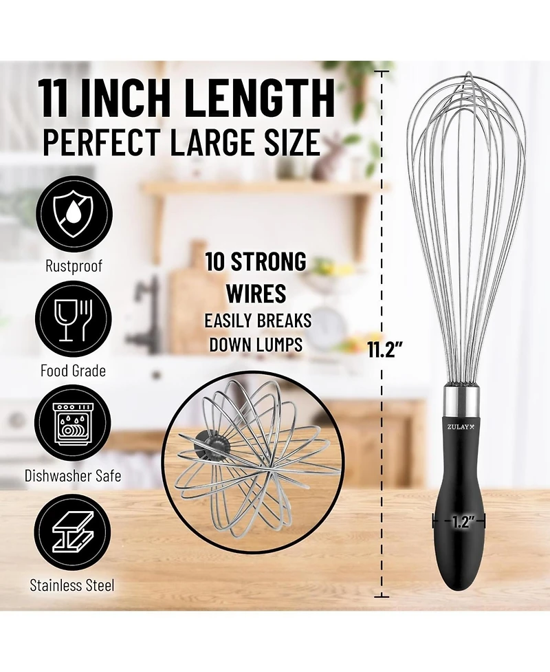 Stainless Steel Balloon Whisk 11 Inch – Durable Wire Whisk with Soft Grip Silicone Handle