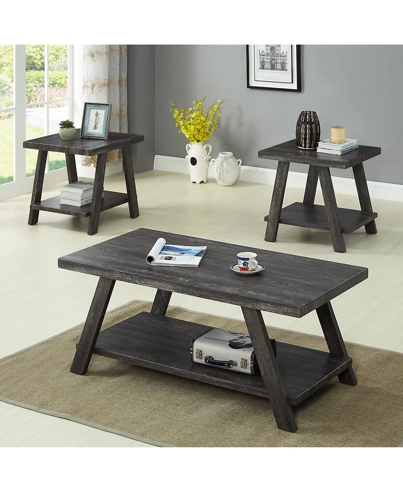 Streamdale Furniture Contemporary Replicated Wood Shelf Coffee Set Table in Charcoal Finish