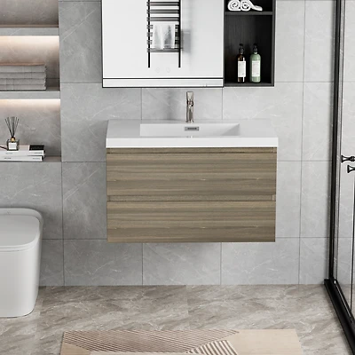 Ash Grey Floating Bathroom Vanity with Glossy White Resin Sink (35.5" x 19.75" x 22.5