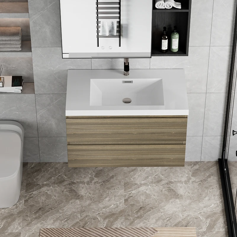 Ash Grey Floating Bathroom Vanity with Glossy White Resin Sink (35.5" x 19.75" x 22.5