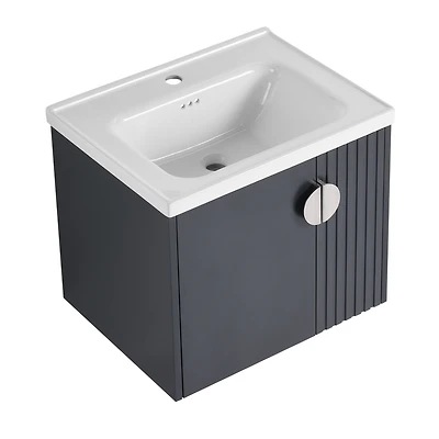 Wall-Mounted Vanity | Dual-Door with 3D Wave | Ceramic Sink | Soft-Close | Metallic