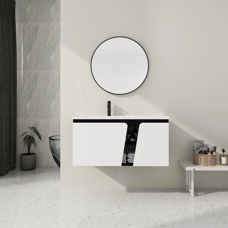 Wall-Mounted Vanity with Soft-Close Doors and Ceramic Sink