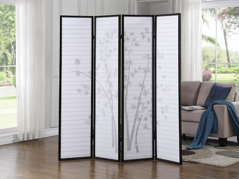 Streamdale Bamboo Print 4-Panel Framed Room Screen/Divider, Black