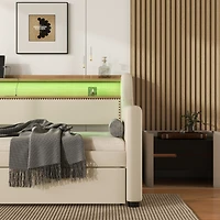 Simplie Fun Twin Size Daybed with Trundle, Upholstered Daybed with Charging Station and Led Lights, Beige