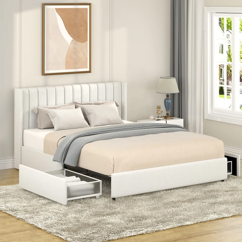 Anda Patented 2-Drawers Storage Bed Queen Size Ivory Boucle Upholstered Platform Bed, Tufted Headboard, Wooden Slat Mattress Support, No Box Spring Ne