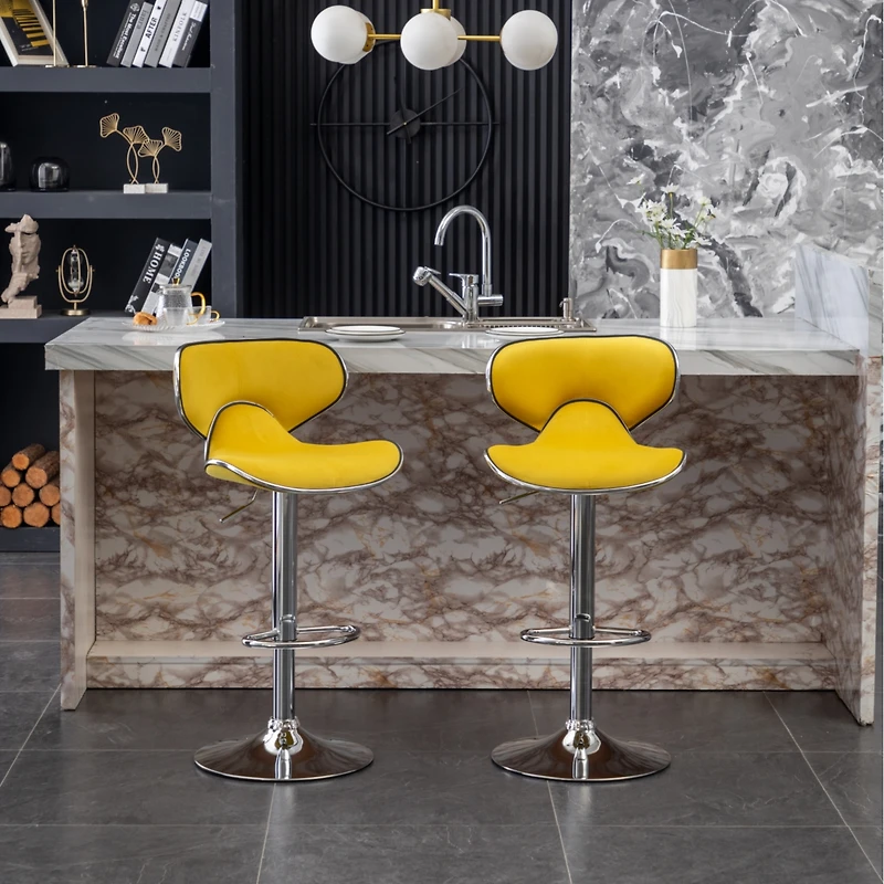 Streamdale Furniture Velvet Upholstered Adjustable Swivel Barstool, Set of 2, Yellow