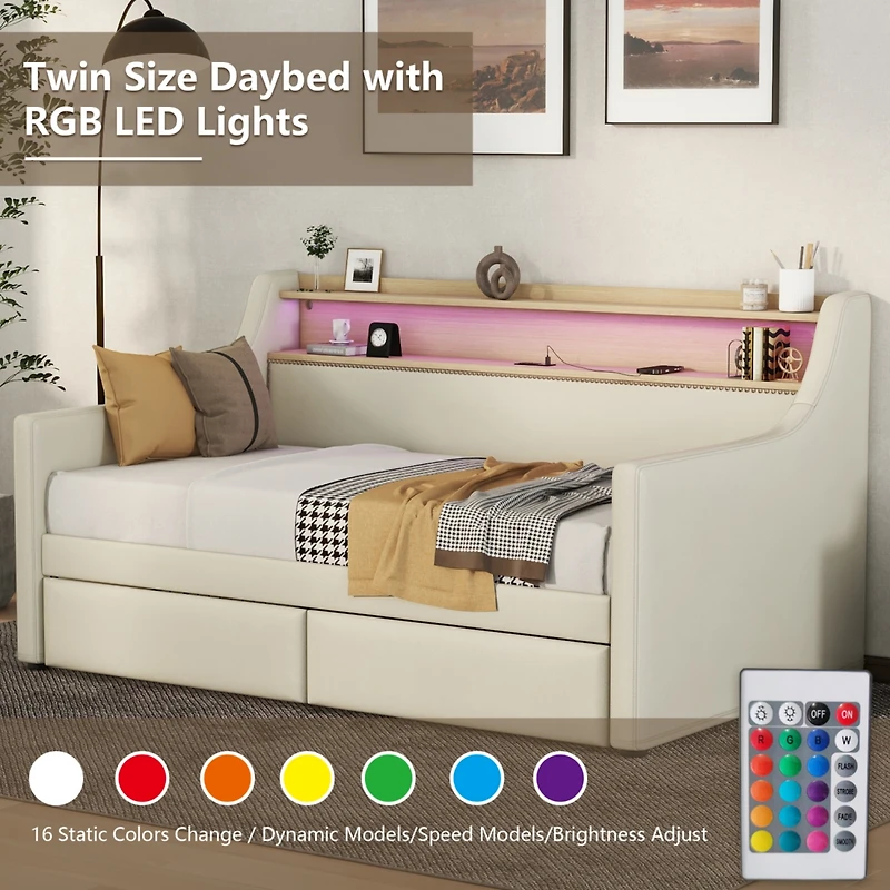 Simplie Fun Twin Size Daybed with Storage Drawers, Upholstered Daybed with Charging Station and Led Lights, Beige