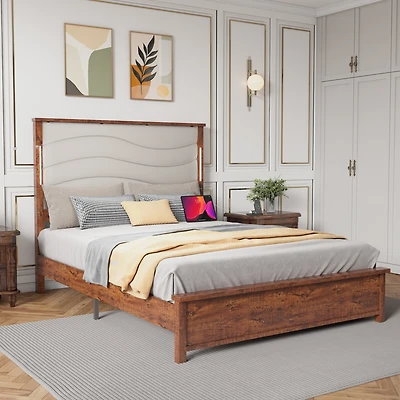 Streamdale Upholstered Queen Bed Frame with Charging Station and Led