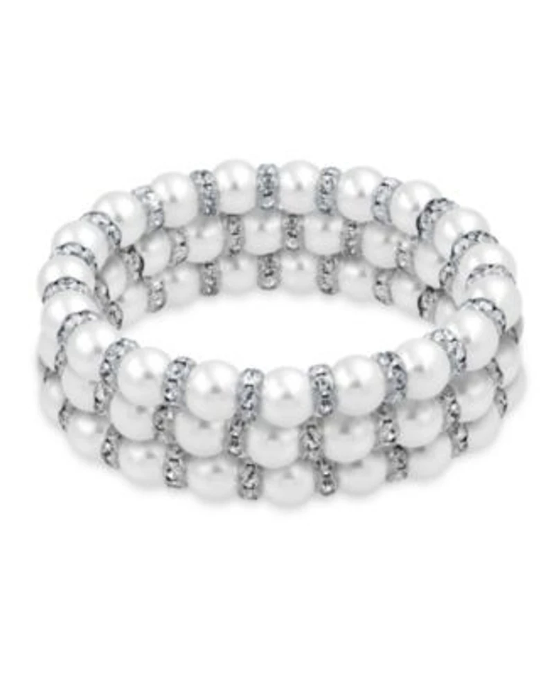 Bling Jewelry Set Of 3 White Simulated Pearl Stretch Bracelets With Crystal Spacers