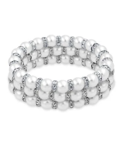 Bling Jewelry Set Of 3 White Simulated Pearl Stretch Bracelets With Crystal Spacers