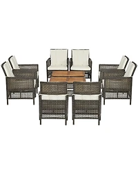Costway 10PCS Patio Rattan Furniture Set Cushioned Sofa Armrest Wooden Tabletop
