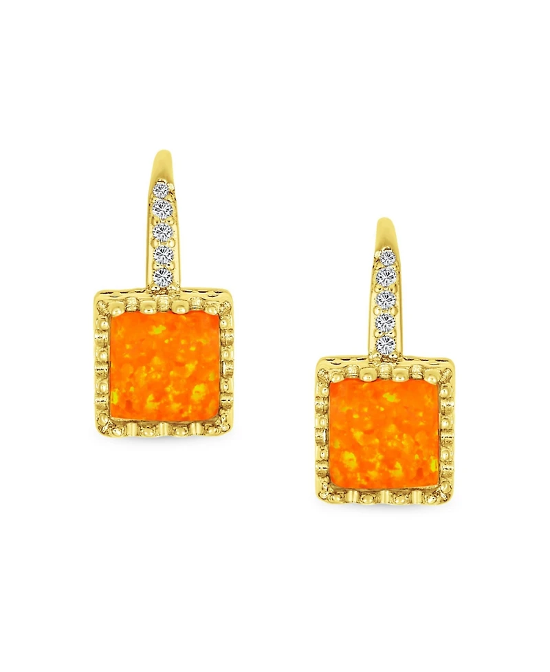Bling Jewelry Art Deco Style Antique Filigree Royal Crown Setting Square Solitaire Fire Orange Created Opal Drop Earrings Gold Plated .925 Sterling Si