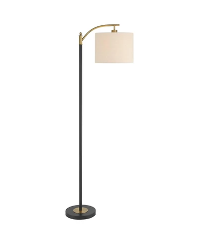 360 Lighting Rayna Mid Century Modern Downbridge Floor Lamp 61 1/2" Tall Black Gold Metal Off White Linen Drum Shade for Living Room Reading Bedr