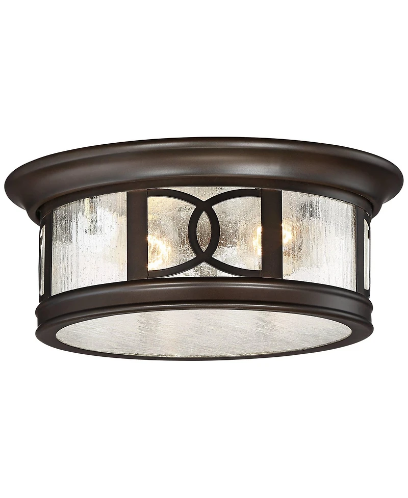 John Timberland Capistrano Mission Flush-Mount Outdoor Ceiling Light Fixture Oil Rubbed Bronze Drum 12" Seedy Glass Damp Rated Decor for Exterior Hous